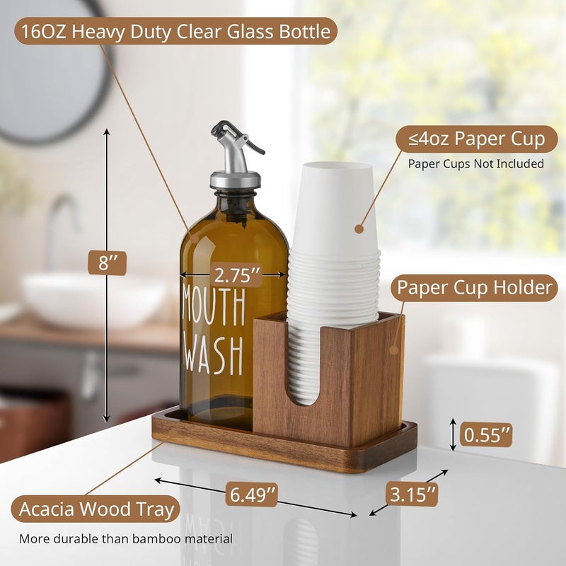 Bivvclaz Amber Glass Mouthwash Dispenser for Bathroom, 16 OZ Mouthwash Dispenser with Pour Spout and Acacia Wood Cup Holder and Tray, Mouth Wash Bottle Container for Kitchen Bathroom Decor and Accessories - Image 2